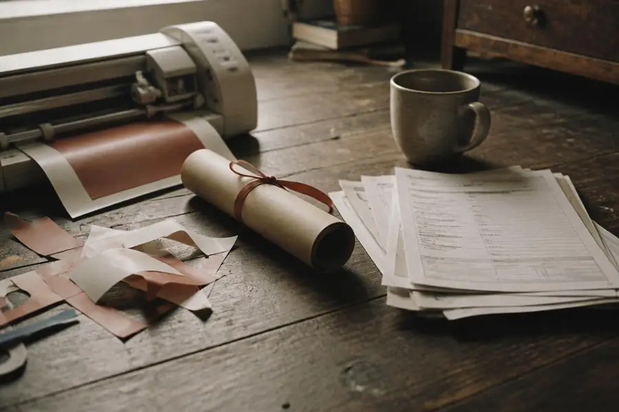 A certificate, a craft cutting machine and a stack of printed job applications abandoned on a wooden floor