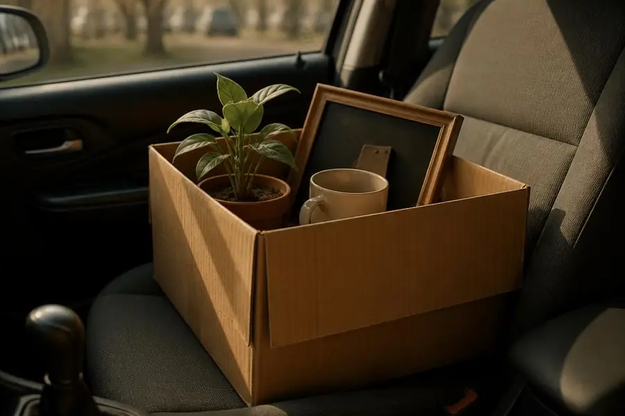 A cardboard box of personal desk items on a car passenger seat in late afternoon light