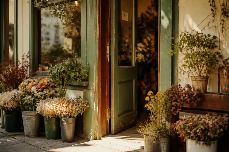 A small independent flower shop storefront with buckets of blooms on the sidewalk