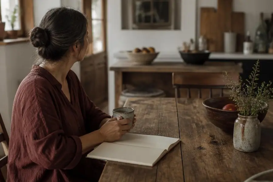A woman sitting quietly at her own kitchen table in morning light with a notebook and coffee