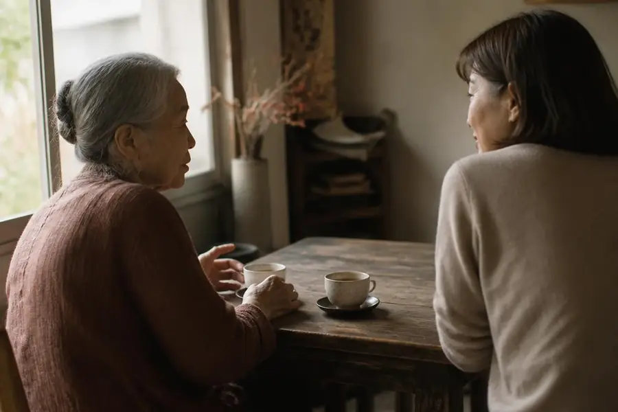 An older woman and a woman in her forties talking across a small wooden table over tea