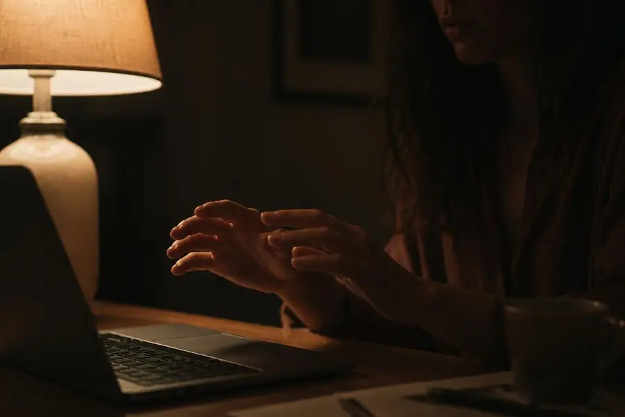 A woman's hands hesitating above a laptop keyboard by lamplight at night