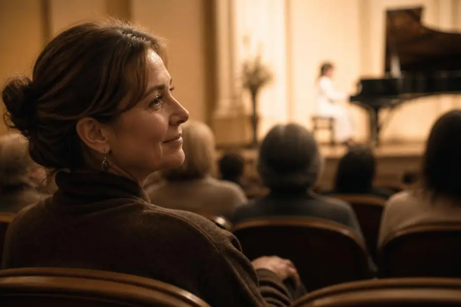 A woman in her forties watching her daughter's piano recital from the audience